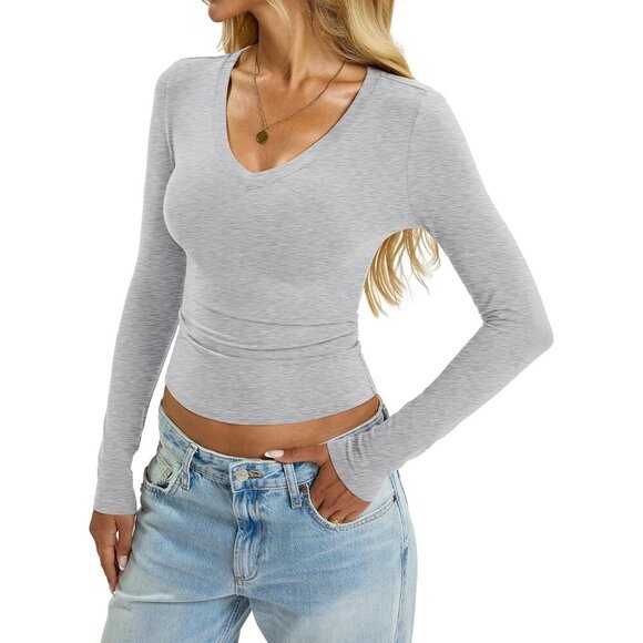 Womens Cotton Long Sleeve V Neck Top Slim Fit Casual Basic T Shirt - Picture 4 of 7